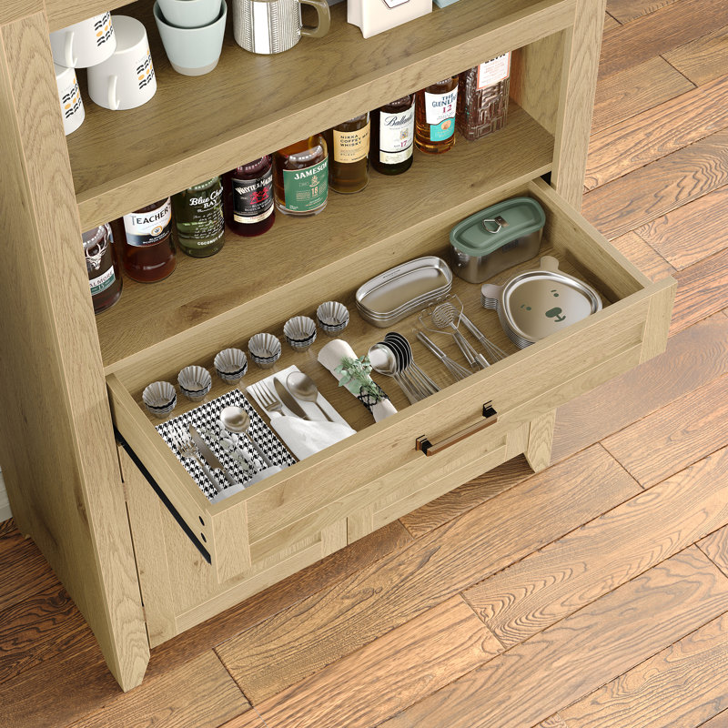 65" Tall Arched Storage Bookcase with Adjustable Shelves,Arched Cabinet with Drawer, Natural Wood