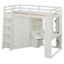 Lit gain de place beige et blanc avec armoire en bois, bureau et design moderne