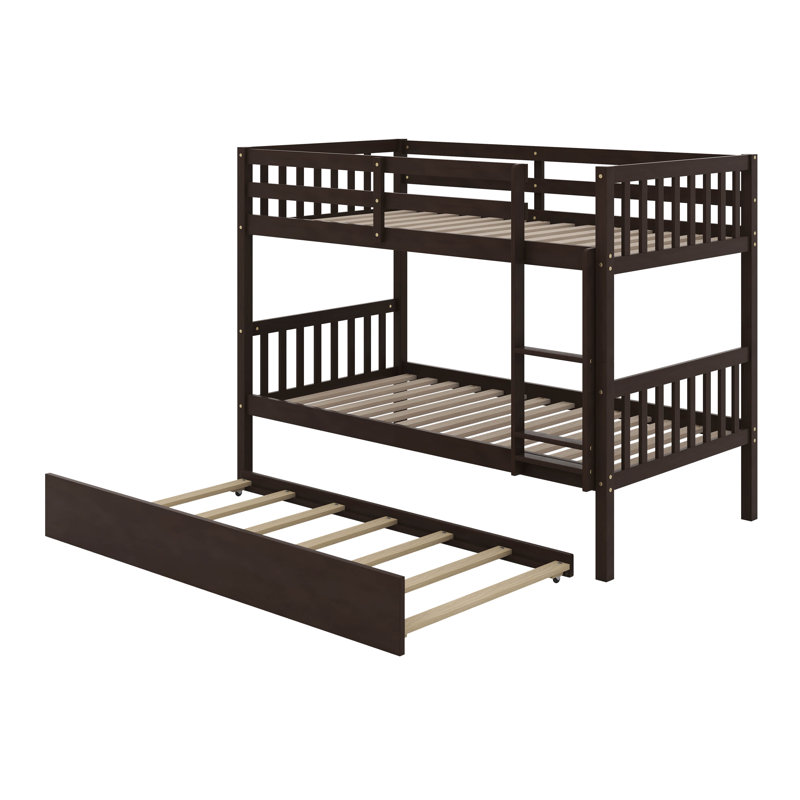  Kamorian Twin Over Twin Rubber Wood Bunk Bed With Trundle, Convertible Into 2 Beds, Espresso