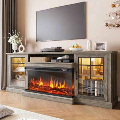 Farmhouse TV Stand With 36" Electric Fireplace And Glass Cabinet