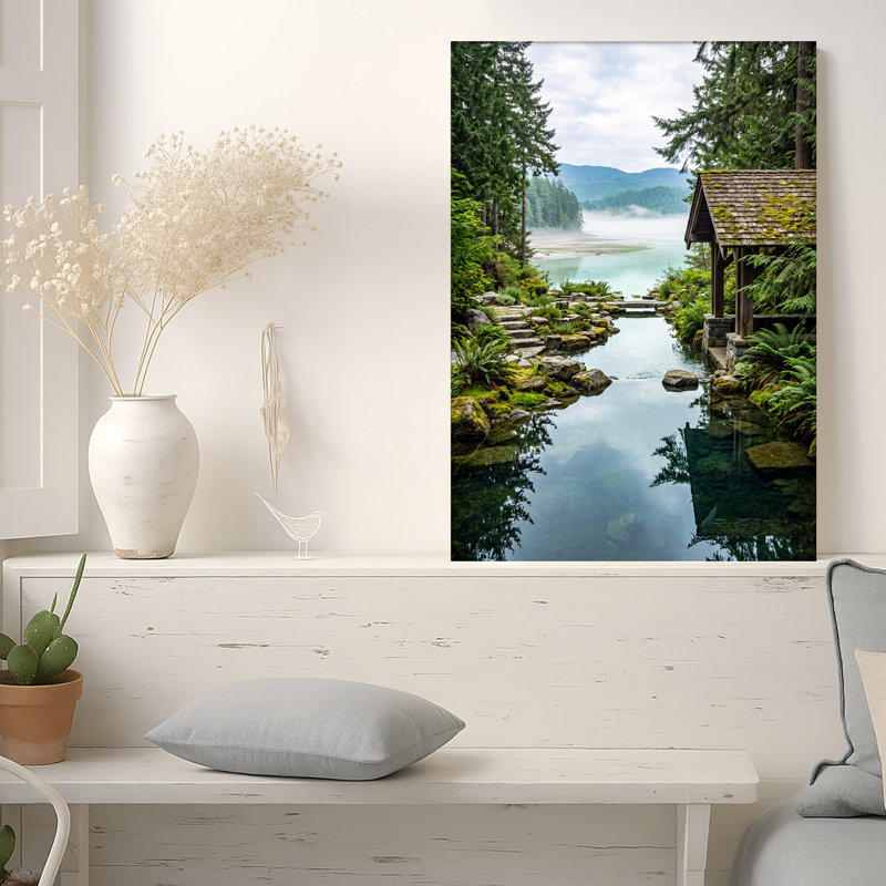 Art mural sur toile Misty Mountains Stream and Wooden Well, 48"H x 36"W