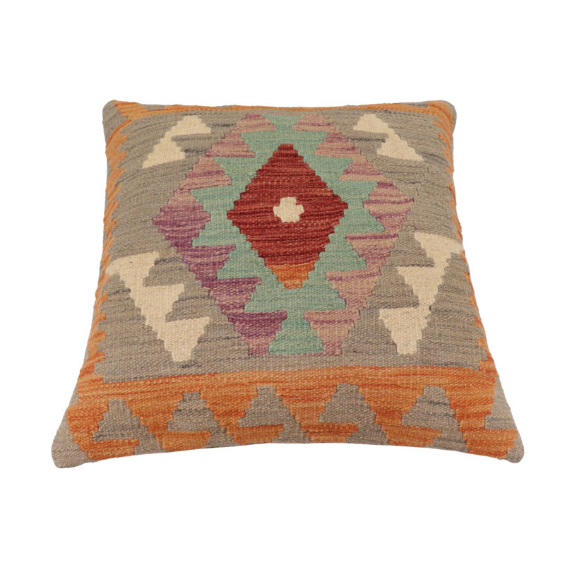 Coussin en kilim Tribal Miller, H 20 po x l 20 po, Gris / orange / rouge / bleu