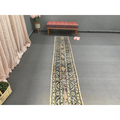Elegant Wool Runner Rug, 20.9x109.1 Inch Beige Patchwork