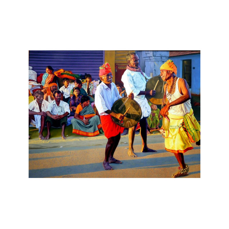 Bhakti avec des instruments traditionnels, peinture par Gokulam Vijay - 48 po x 72 po, huile sur toile, art mural spirituel indien