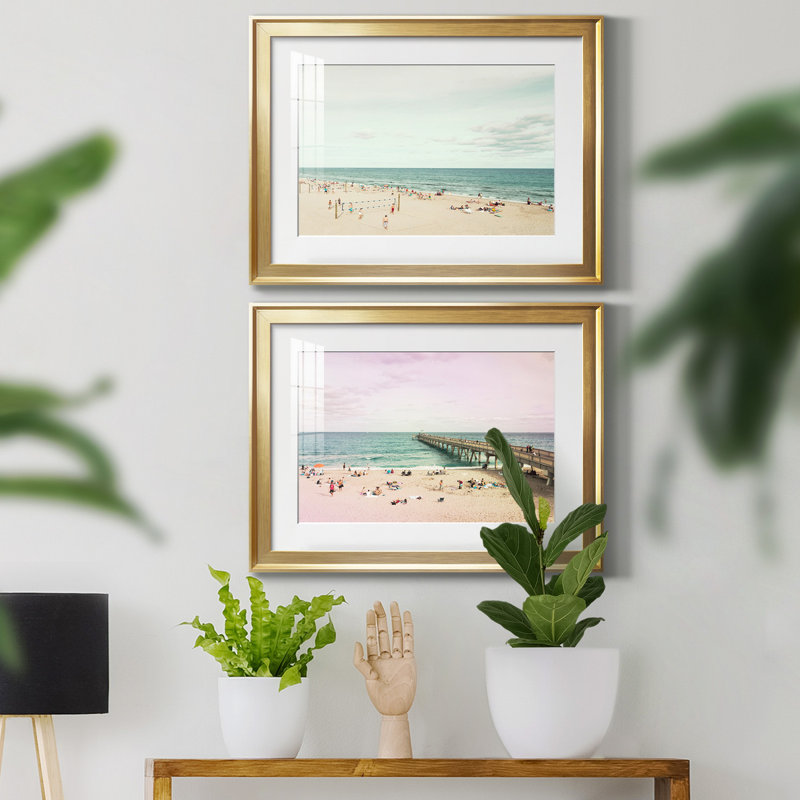 Jour à la plage - ensemble de 2 reproductions d'art sur toile encadrées, Or, H 26,5 po x l 73 po x P 1,5 po, Blanc