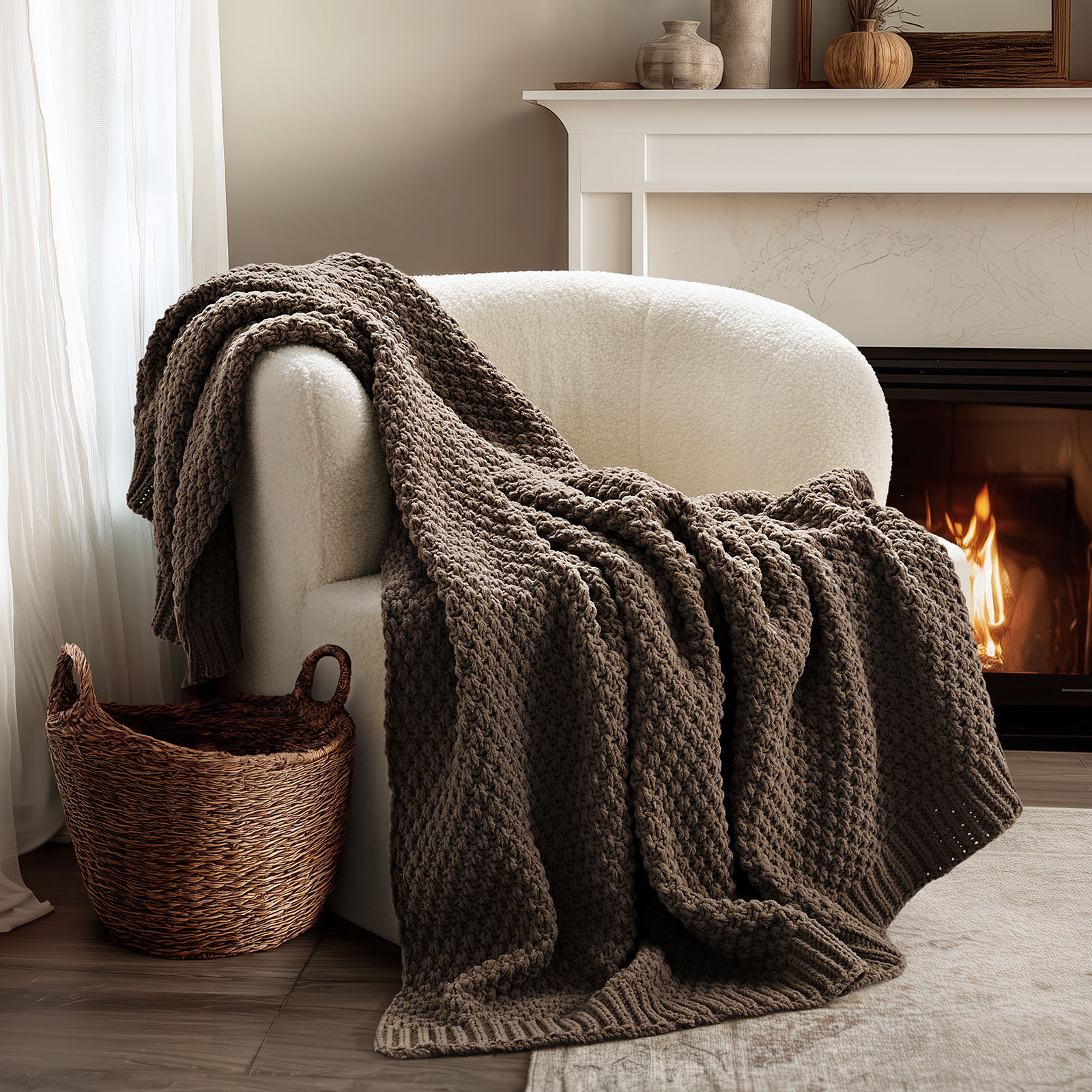 Chunky Chenille Knit Throw Blanket, 60" L x 50" W, Cocoa Brown