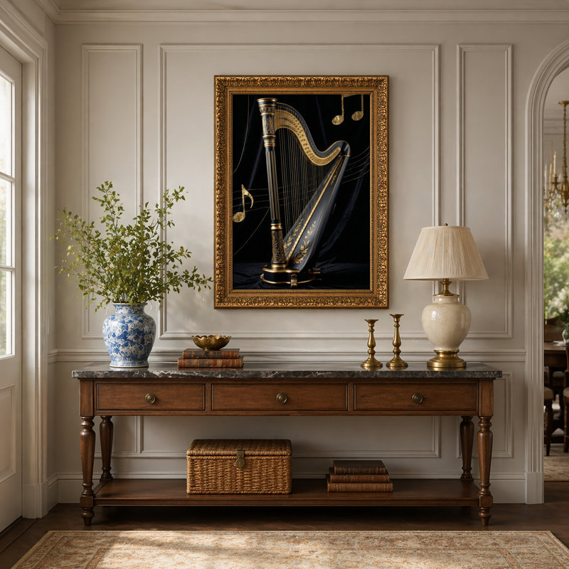Art mural en toile noyer doré encadré pour salon, chambre à coucher, bureau ou vestibule - décoration murale décorative avec musique de harpe