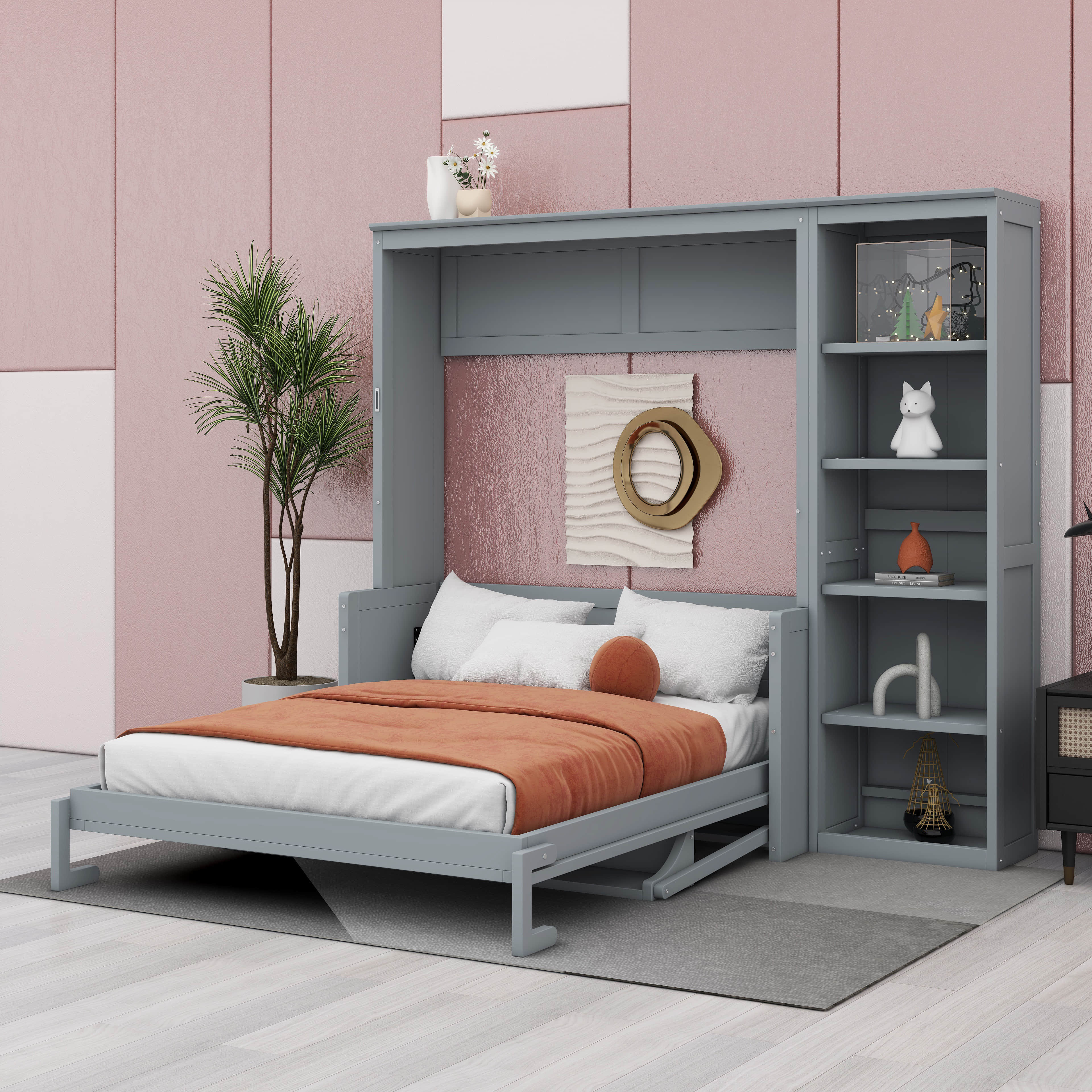 Red Barrel Studio® Full Murphy Bed With Desk, Wood Bookcase Wall Bed ...