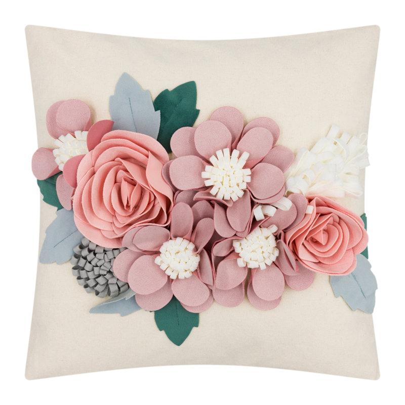  3D Flower Throw Pillow Cover Appliqued Decorative Accent Pillow Case Handmade Cushion Cover, Pink