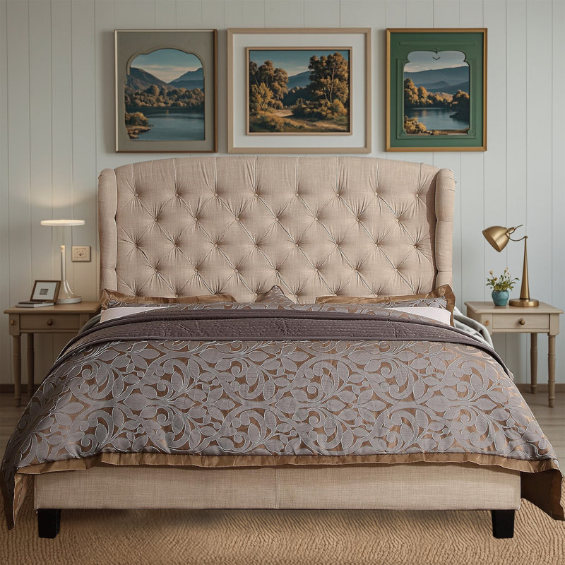 Lit tapissier en tissu, base de lit à hauteur réglable capitonnée, Double, Beige