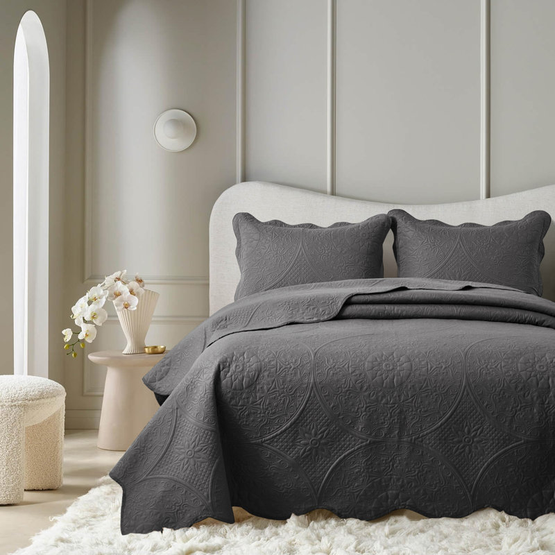 Elegant Floral Embossed Bedspread Set With Pillow Shams – Lightweight Quilted Bedding, Machine Washable, Charcoal