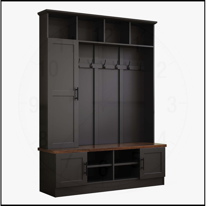 Versatile 3-in-1 Hall Tree with 6 Hooks, Farmhouse Walnut Storage Bench, and Adjustable Shelves for Modern Entryways