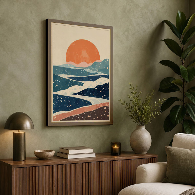 Sunset Over Hills Geometric - Wrapped Canvas, 18x12 - 45.7 x 30.5 cm, Black Border