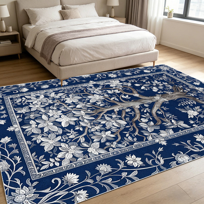 1PC Vintage Navy Blue & White Floral Tree of Life Chinoiserie Botanical area rugs, Soft and Comfortable, easy-to-maintain, machine washable Indoor floor mat, suitable for living room, bedroom, dining room, entryway, kitchen, Home Decor, Outdoor Decor