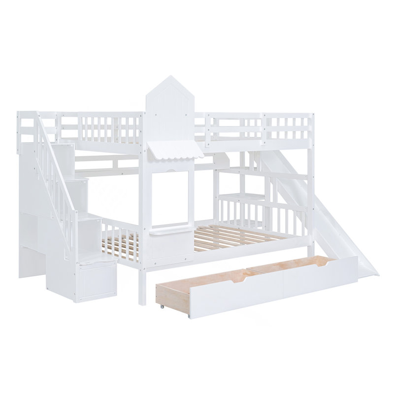 Lit superposé de style château double avec 2 tiroirs, 3 tablettes et glissière - blanc