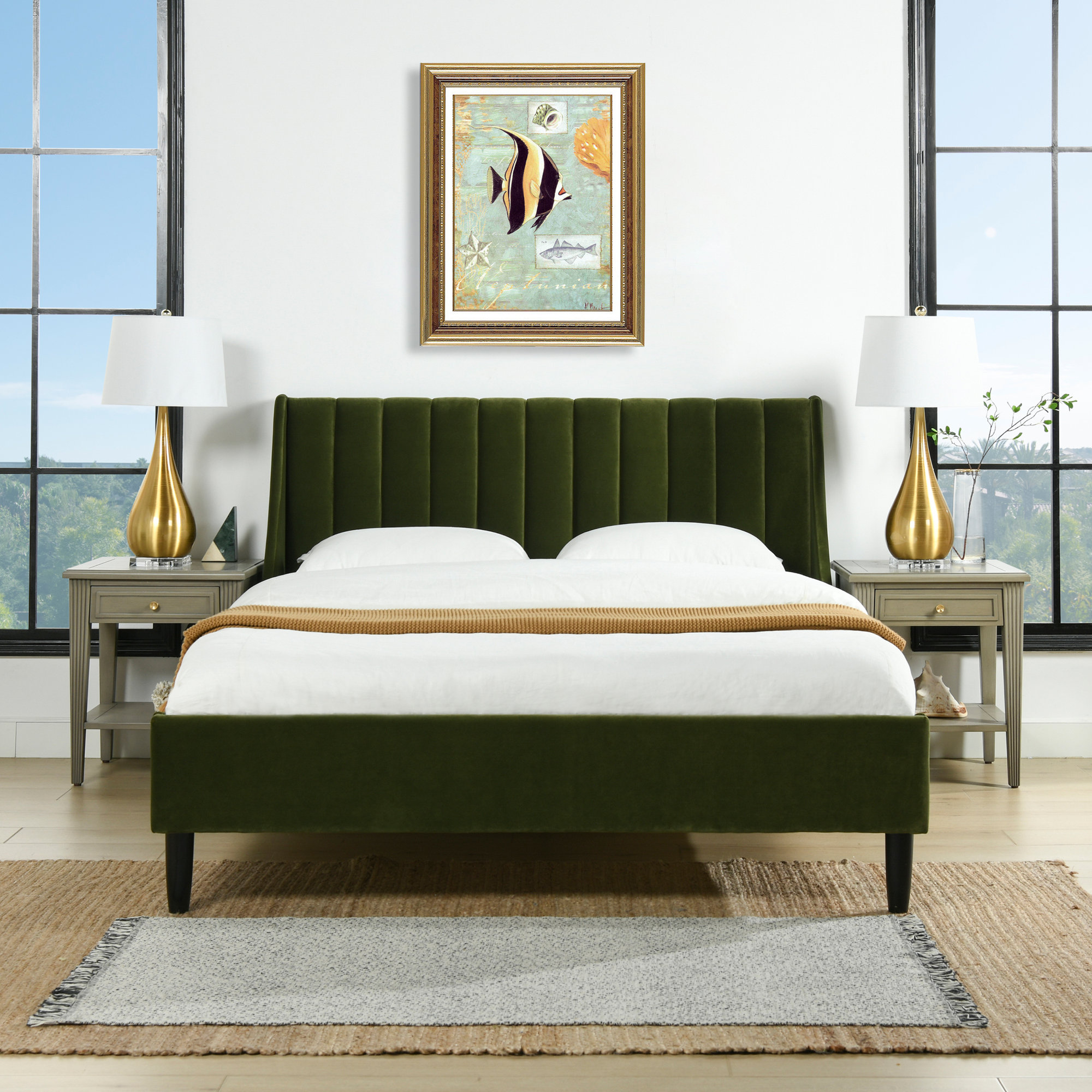 Helaina Upholstered Wingback Bed, Olive Green Velvet, Queen