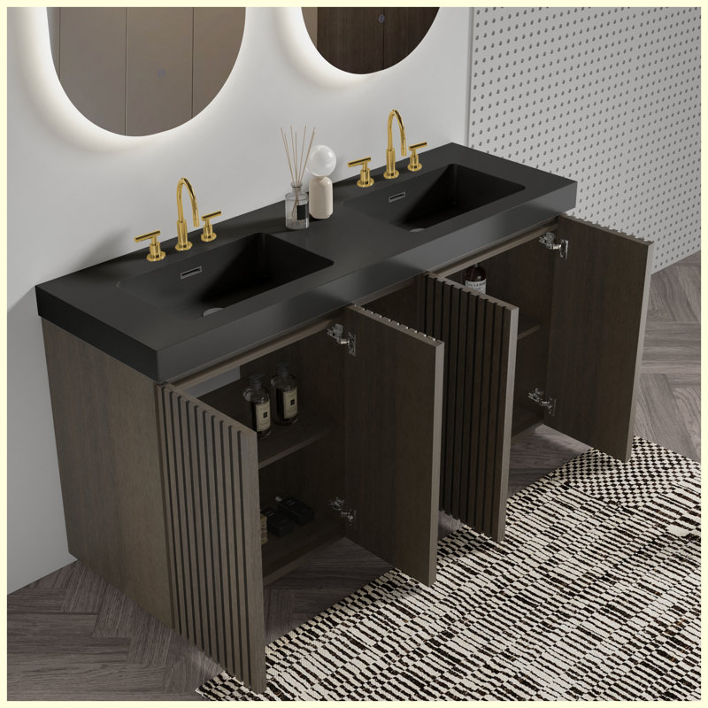 Meuble-lavabo autoportant en chêne fumé de 60 po avec lavabo 60 po et 3 trous pour robinet et lavabo une pièce noir