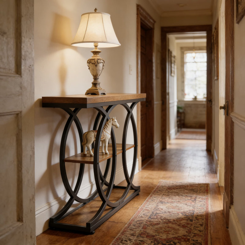 Console industrielle avec tablettes de rangement à 3 niveaux et base circulaire pour l'entrée, le canapé ou le salon