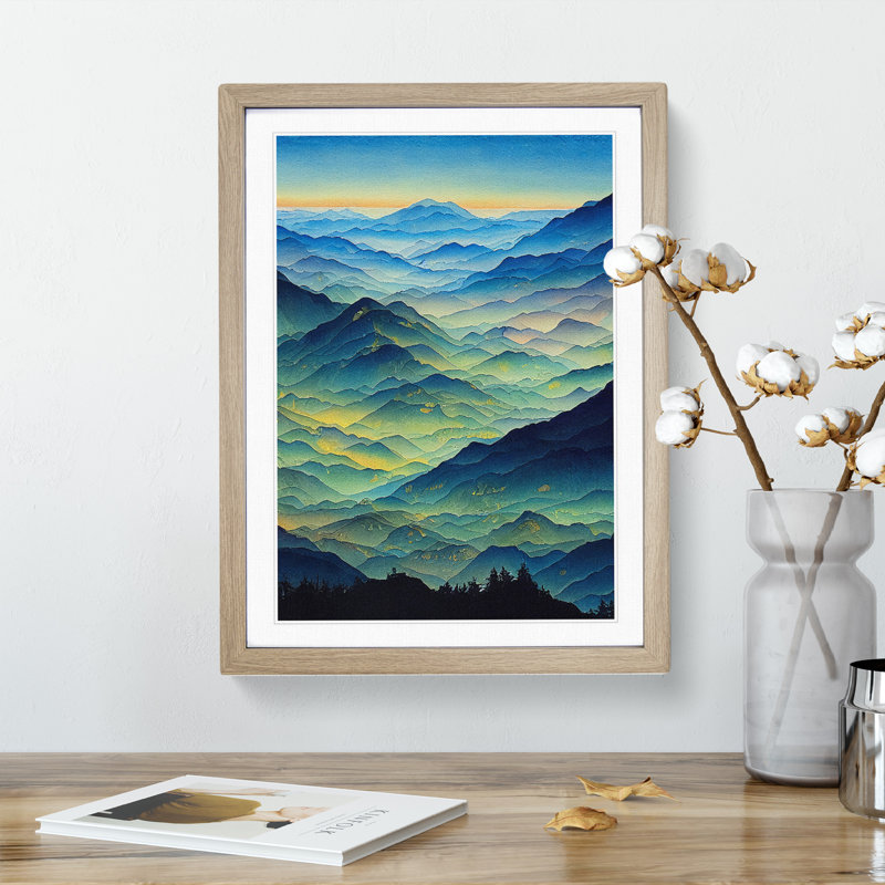 Painted Mountain Landscape No.4 - Single Picture Frame Print, 64cm H x 46cm W x 2cm D, Oak Framed