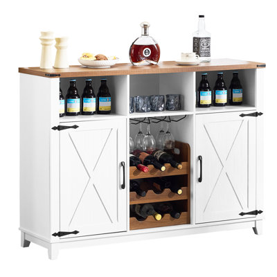 Farmhouse Wine Bar Cabinet - 51” Rustic Sideboard Buffet with Detachable Wine Rack and 3 Open Storage Compartments for Dining, Living Room, or Kitchen