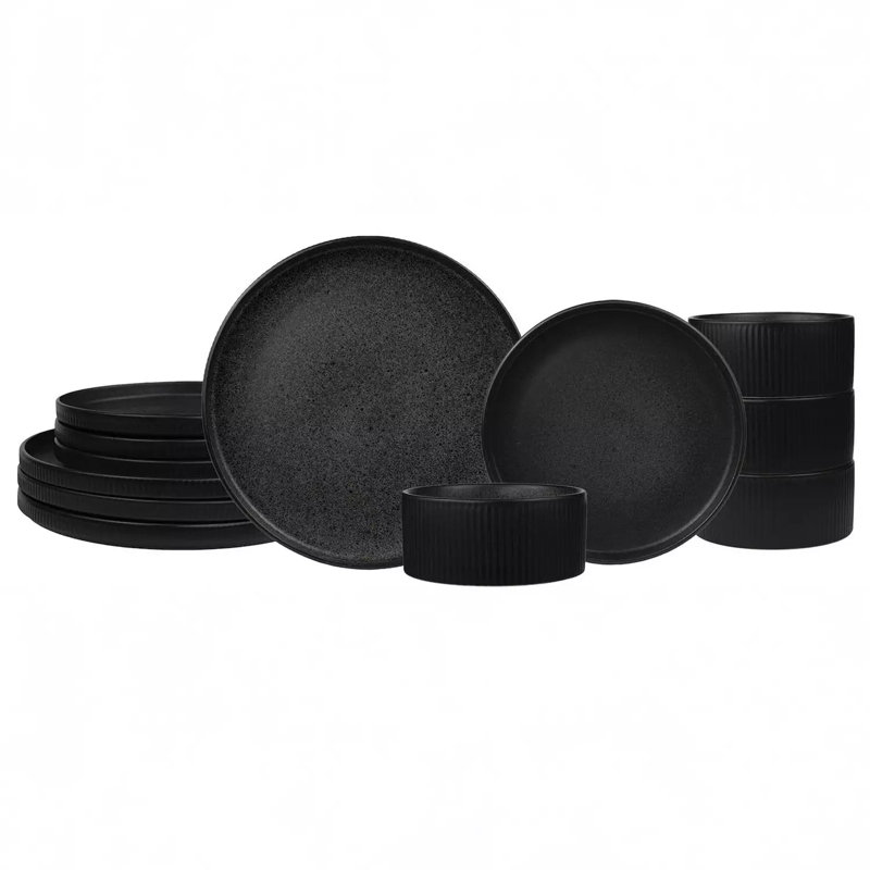Sango Anderson Reactive Stoneware Set - Service For 4, Microwave & Dishwasher Safe, Black