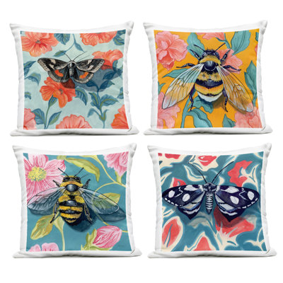 Insects on Flower Patterns 4 Piece Outdoor Printed Pillow Set, design by Kate Jarvik Birch, 18 x 7 x 18