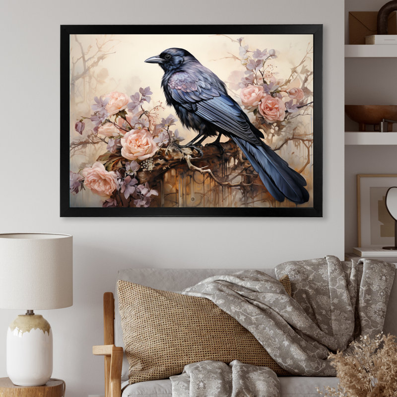 Crow Whispering Royalty II - Crow Canvas Print, 16" H x 32" W, Black Picture Framed