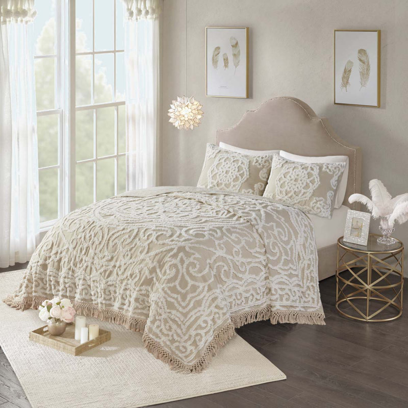 Tufted Cotton Chenille Medallion Fringe Coverlet Mini Set Taupe Full