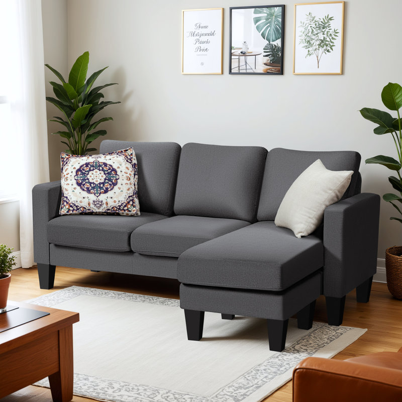 3 Seat L-shaped Sofa With Linen Fabric And Movable Ottoman, Convertible Sectional Couches, Gray Cotton