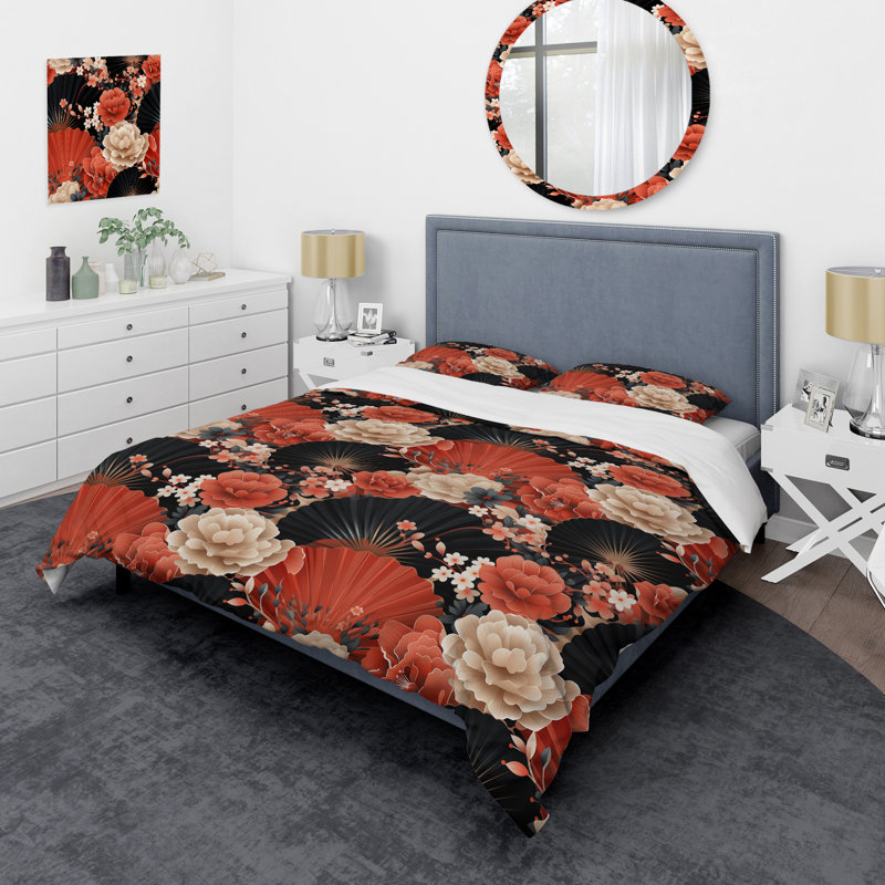 Ensemble de housse de couette en microfibre Red Geisha, Housse de couette pour grand lit et 2 taies décor