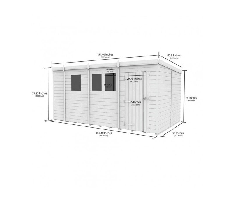 Total Sheds 13ft x 8ft Pent Garden Shed - Single Door - With Windows - Pressure Treated Timber - UK Manufactured