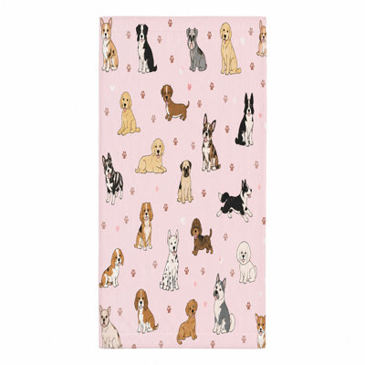 1Pcs Adorable serviette de plage pour amoureux des chiens, avec un motif vibrant de différentes races avec des empreintes de pattes sur fond rose. La microfibre, parfaite pour la natation, les voyages et le camping, convient aux adultes et aux enfants.