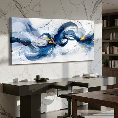 Indigo Fractals Fluidity - Modern Abstracts Canvas Print Art Wall, 24"X48"