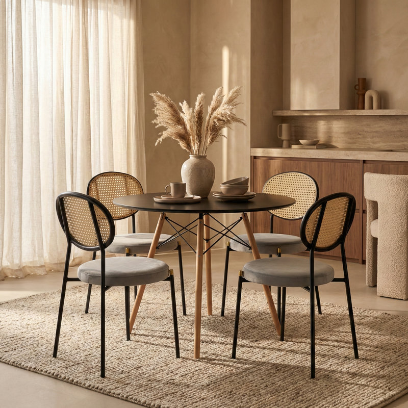 Dover 5-Piece Dining Set – Round MDF Top Table & 4 Upholstered Dining Side Chairs, Modern Dining Furniture For Kitchen And Home