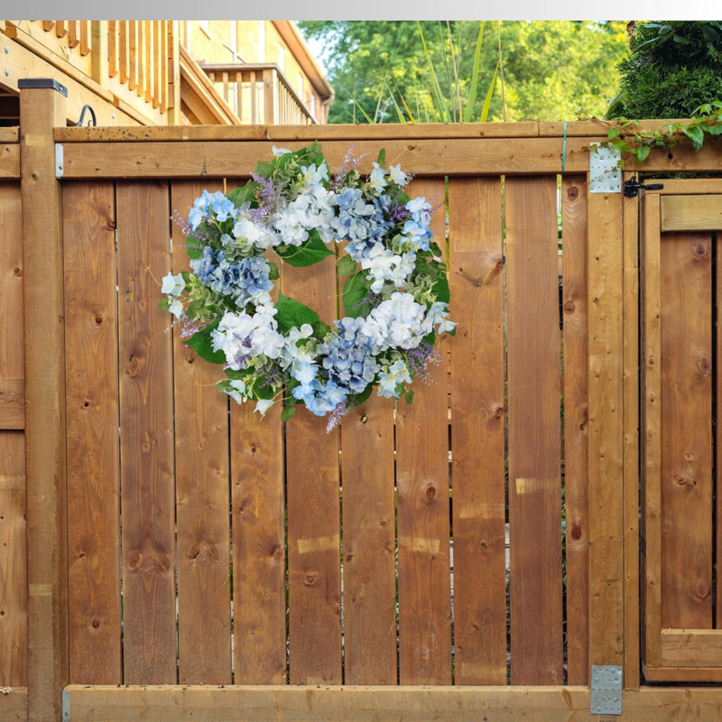 Décoration murale porte d'hortensia printemps eucalyptus artificiel 20 po avec lavande, bleu clair, blanc, vert, printemps