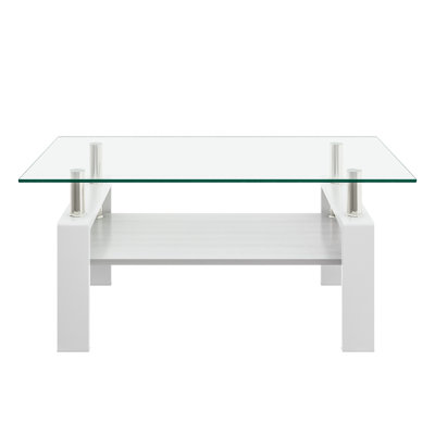 Modern Rectangle Coffee Table, Tempered Glass And MDF, Transparent Top For Living Room | Gift Idea