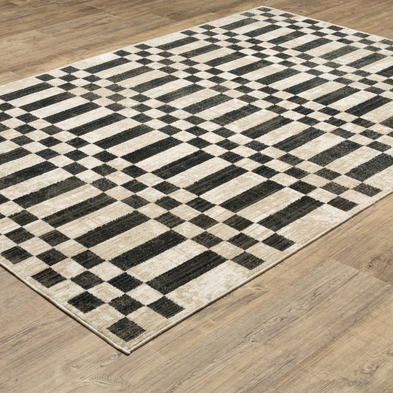 Harlow Blocks and Stripes Beige/ Black Area Rug, Rectangle 6'7" x 9'6"