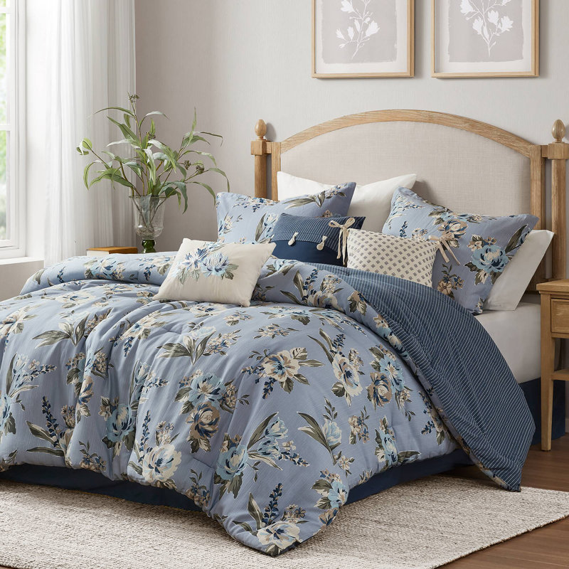 Salara Reversible Vintage Floral 7 Piece Comforter Set, California King Comforter + 6 Additional Pieces, Blue