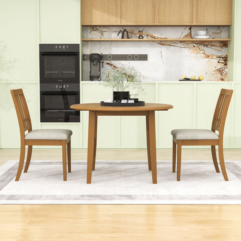 Ensemble de table de salle à manger 3 pièces, table de salle à manger ronde extensible avec abattant et 2 chaises rembourrées