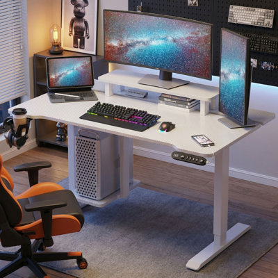 Bureau debout ergonomique électrique 47,2 "avec contremarche pour moniteur, tablette Cpu et 4 préréglages de mémoire - Finition fibre de carbone blanche