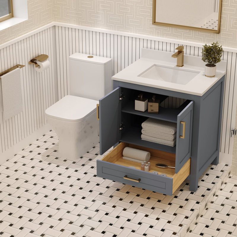Meuble-lavabo simple 30 po avec plateau en quartz blanc Rooh, Gris, Or brossé