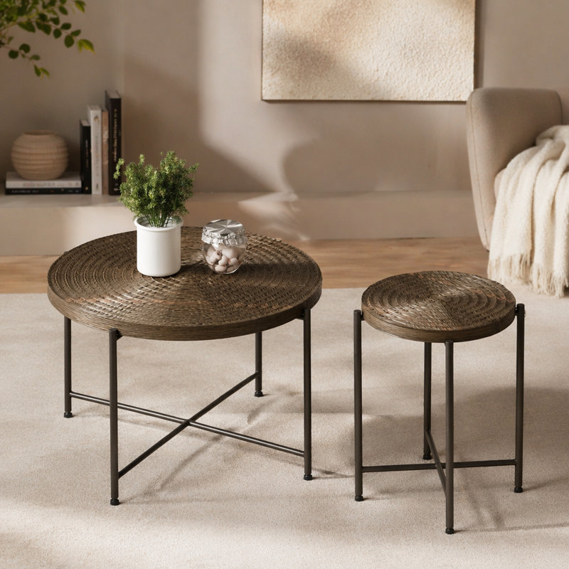 Ensemble de 2 tables basses et tables de bout - Panneau de fibres à densité moyenne imperméable avec revêtement en PVC, conception cylindrique vieillie, pieds en métal noir - charme rustique classique, noyer foncé