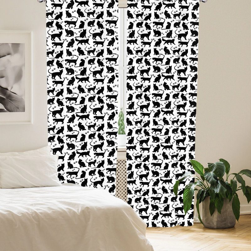 Black and White Cat Silhouette Polyester Room-Darkening Curtain Panels, 28" x 63"