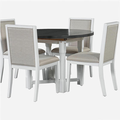 TREXM 5-Piece Extendable Dining Table Set for 4, Round Dining Table for 4 with Upholstered Chairs, Farmhouse Kitchen Table Set with Removable Leaf for Dining Room and Kitchen (Grey+White)