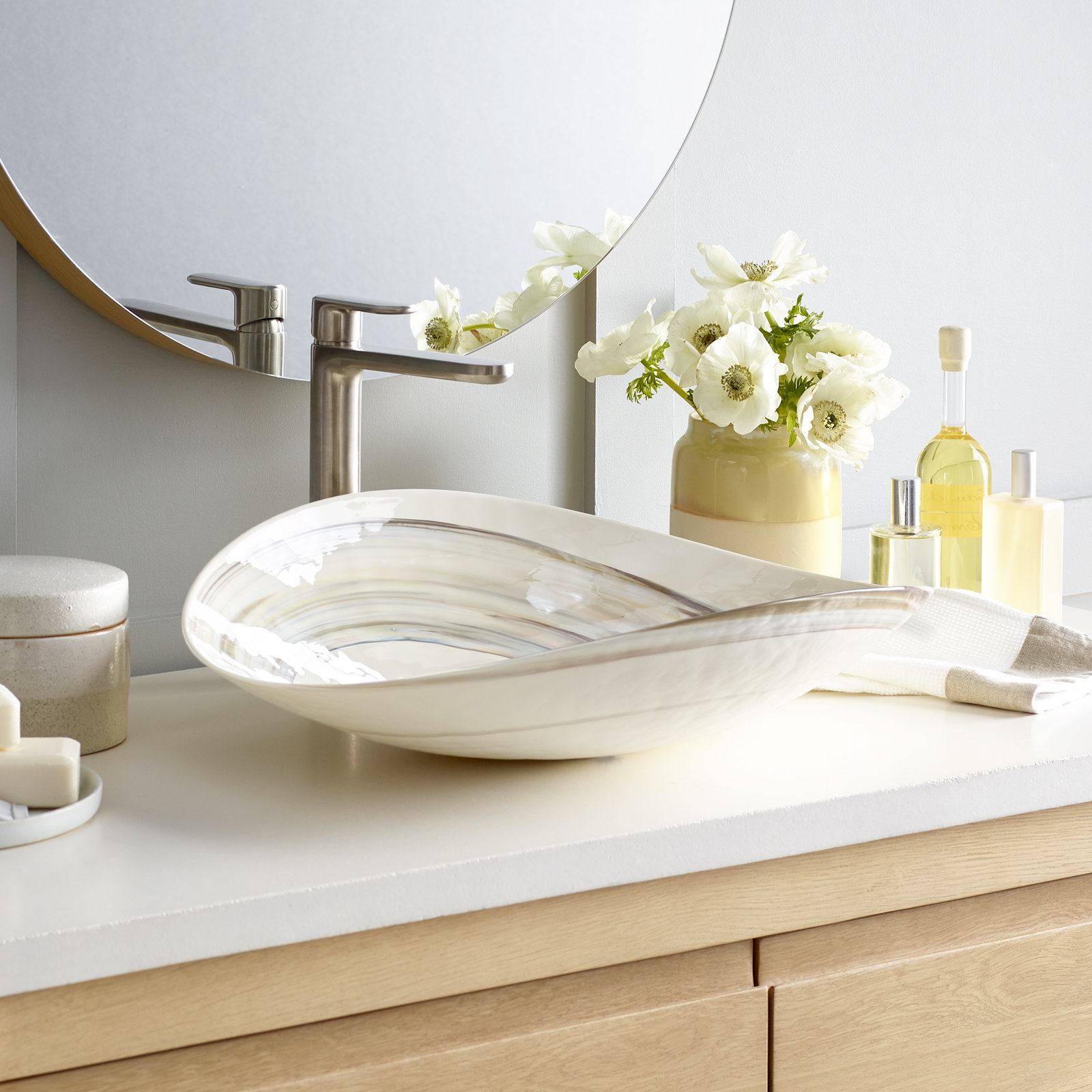 Murano Glass Oval Vessel Bathroom Sink, Abalone