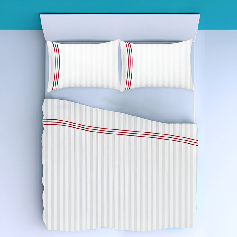 400TC Triple Embroidery Sateen Stripe Cotton 4 Piece Sheet Set Fitted Sheet Fits Upto 16" Deep Pocket, Queen Sheet Set