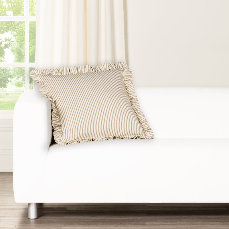 Birch Lane Ticking Stripe Ruffled Accent Pillow, Feather, Brown