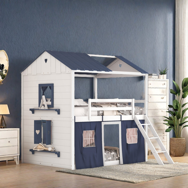 Lit superposé style maison basse avec toit, Simple , Blanc / bleu