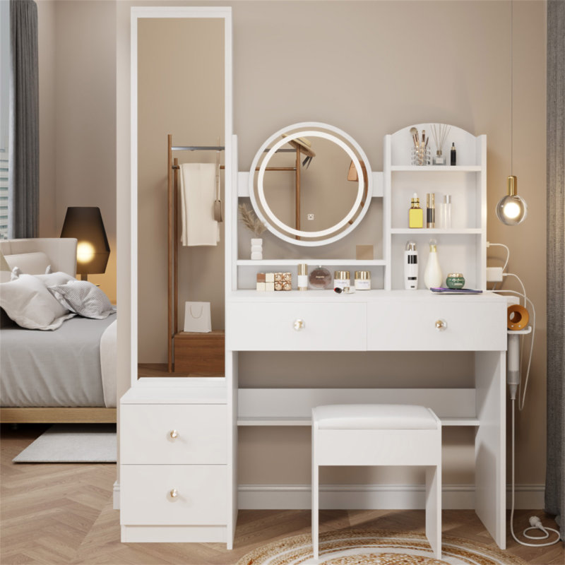 Armoire à miroir pleine grandeur + coiffeuse à miroir rond à DEL + tabouret rembourré, avec 2 centrales électriques + 2 centrales USB, miroir à DEL de 17 po de diamètre, commande tactile, 3 couleurs, luminosité réglable, grand bureau