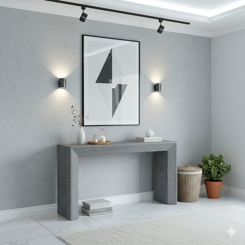 Console élégante avec manteau de cheminée, simple et pratique avec plateau en placage de bois de haute qualité, polyvalente pour un couloir, un salon ou une entrée